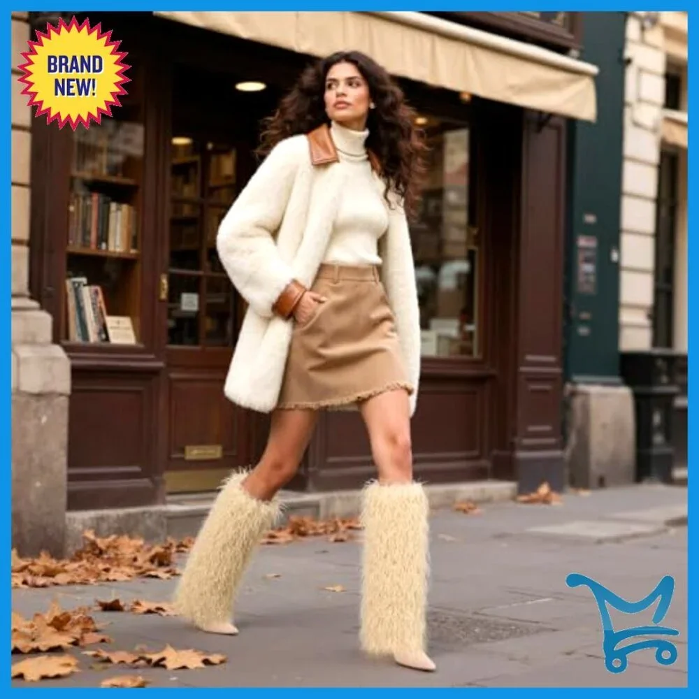 Knee High Faux Fur Boots Stiletto Heel Wide Calf Winter Boots